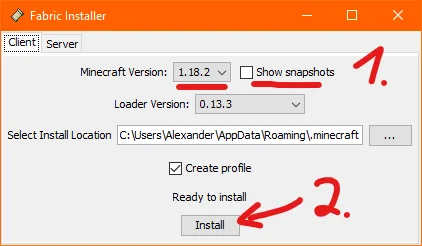 Fabric Installer with Minecraft version and loader options