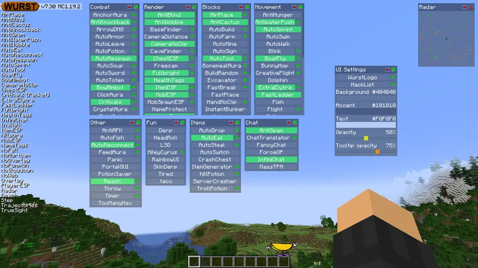 Official Wurst ClickGUI with category windows and enabled green modules