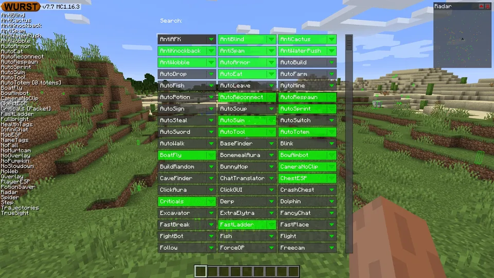 Official Wurst Navigator interface with search and feature list