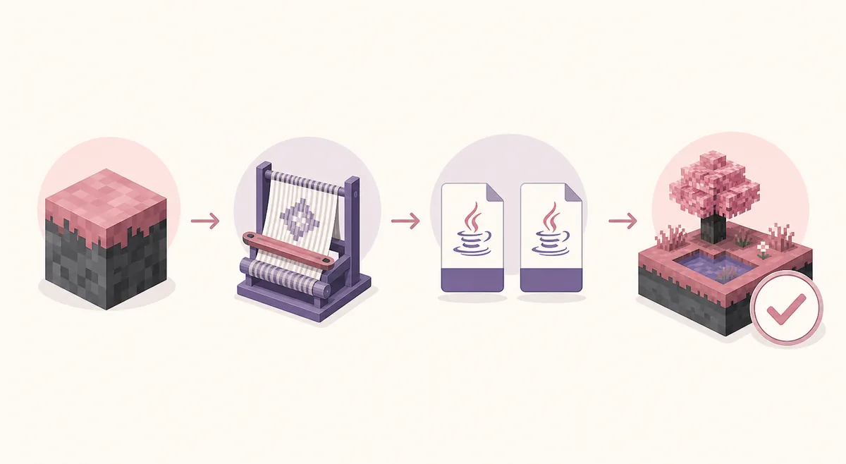 Illustrated flow from a Minecraft version to Fabric and Wurst files and a tested world