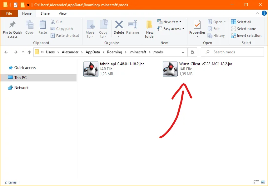 Wurst Client and Fabric API files kept together in a Fabric mods folder